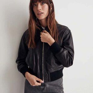 Washed Leather Crop Bomber Jacket NWT L